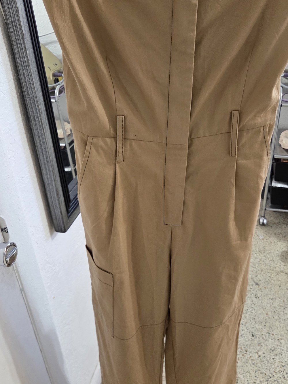 Kimberly Taylor NYC Camel Khaki Strapless Cargo Utility Jumpsuit Size M